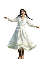 Ivory V Neck Tassel Trim Long Sleeve A-Line Midi Dress