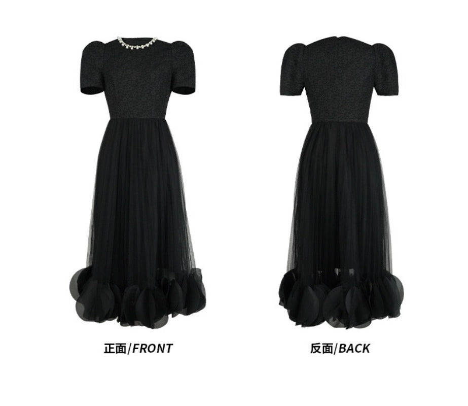Black Pearl-Trim Lace Puff Sleeve Fit-and-Flare Midi Dress Secondary image