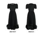 Black Pearl-Trim Lace Puff Sleeve Fit-and-Flare Midi Dress