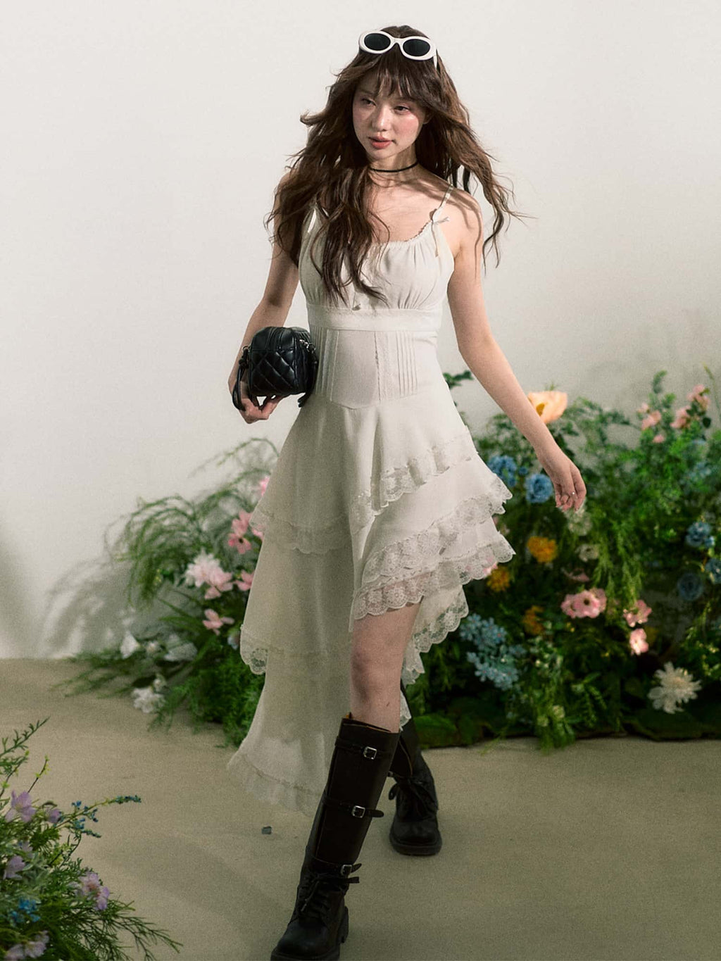 White Lace Trim Asymmetric Tiered Dress And Skirt