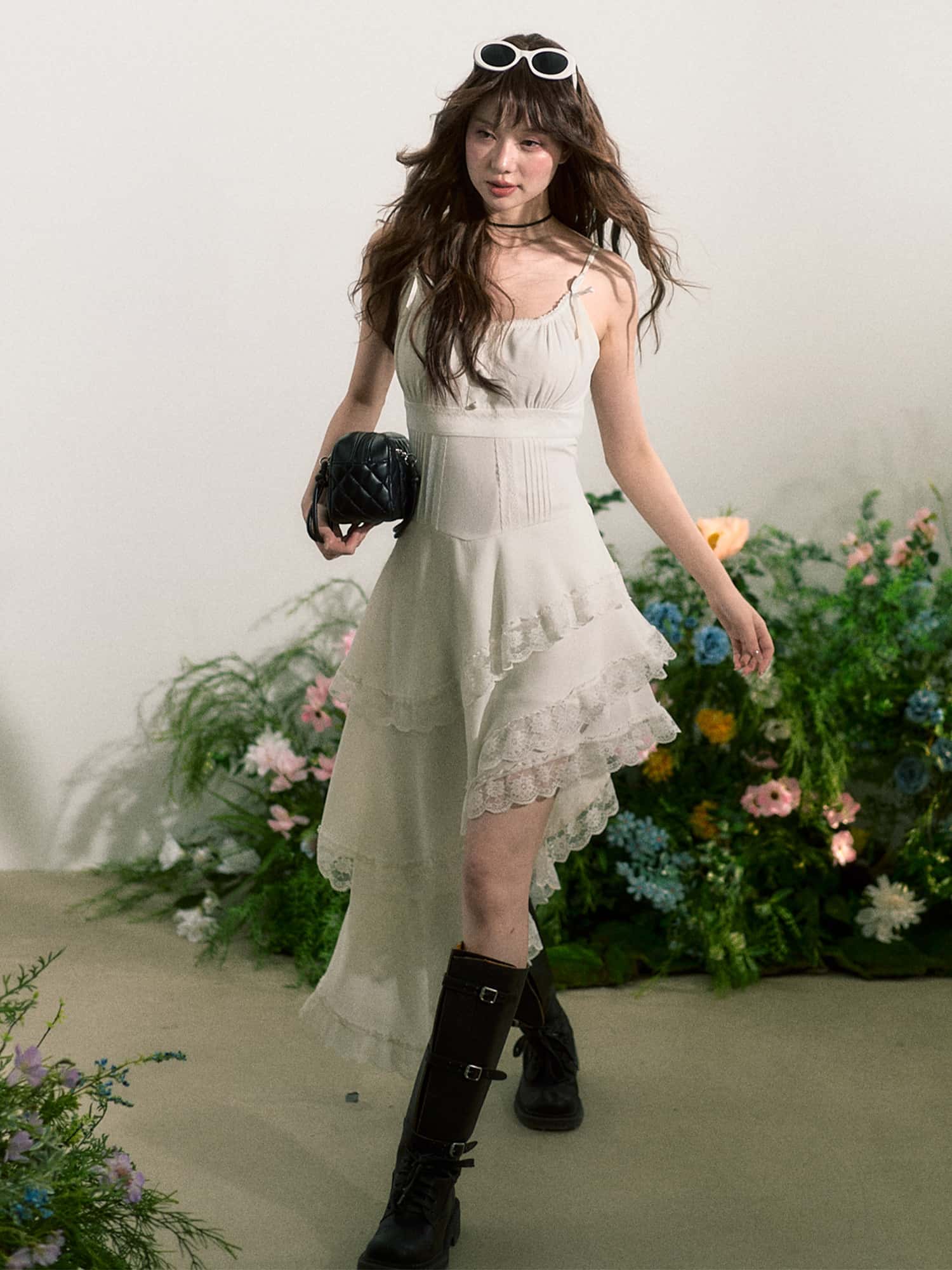White Lace Trim Asymmetric Tiered Dress And Skirt