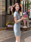 Chinese Style Blue Gingham Mandarin Collar Short Sleeve Mini Dress