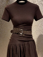 Coffee Brown Round Neck Short Sleeve Asymmetric A-Line Mini Dress