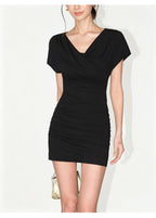 Ruched Cowl Neck Bodycon Mini Dress with Short Sleeves