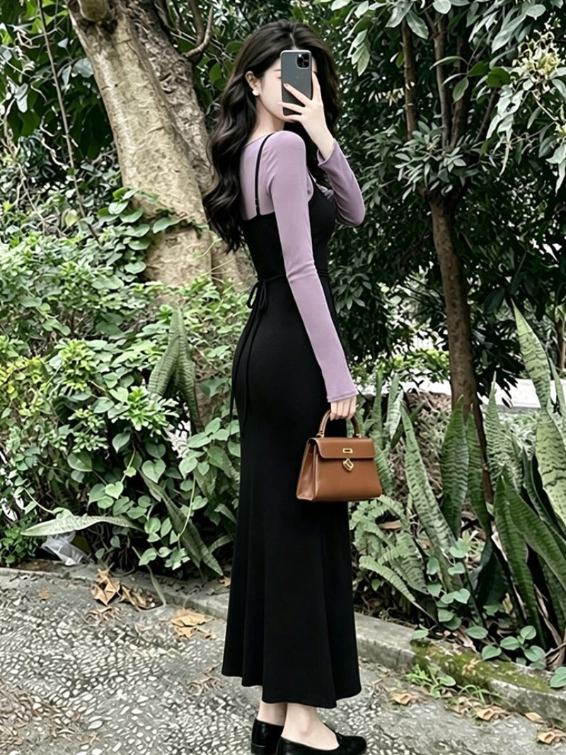 French Bow Long Sleeve Bodycon Maxi Dress Set Secondary image