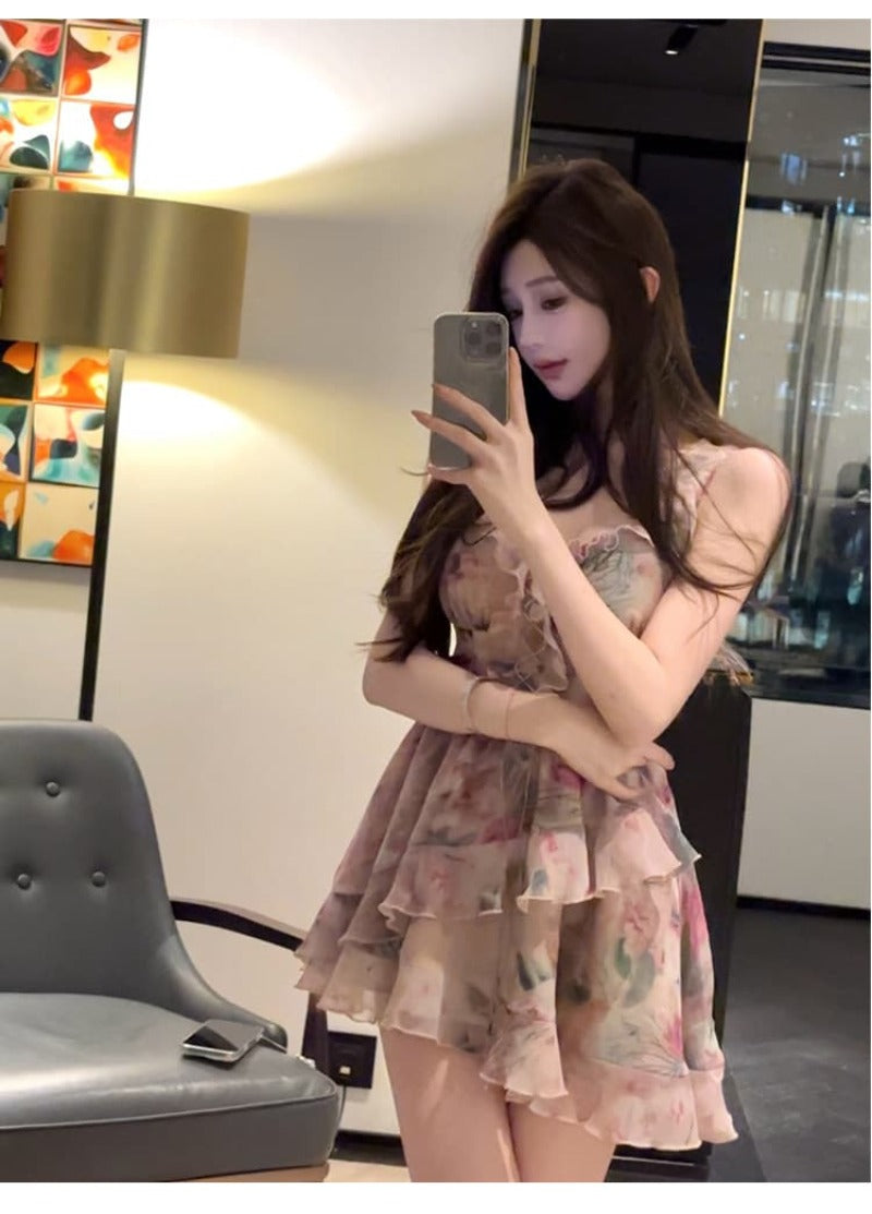 Floral Ruffle Strap Lace Up Fit And Flare Mini Dress