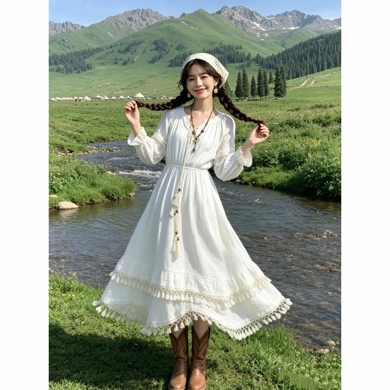 Ivory V Neck Tassel Trim Long Sleeve A-Line Midi Dress