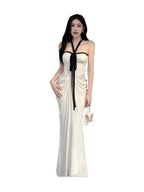 White Contrast Halter Lace-Inset Maxi Dress