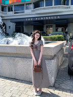 Coffee Brown Gingham Puff Sleeve Bow A-Line Maxi Dress