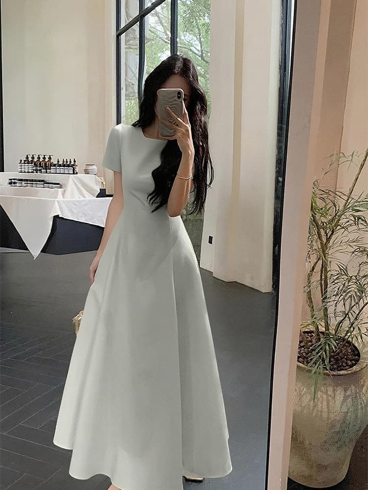 Round Neck Short Sleeve High Waist A-Line Maxi Dress