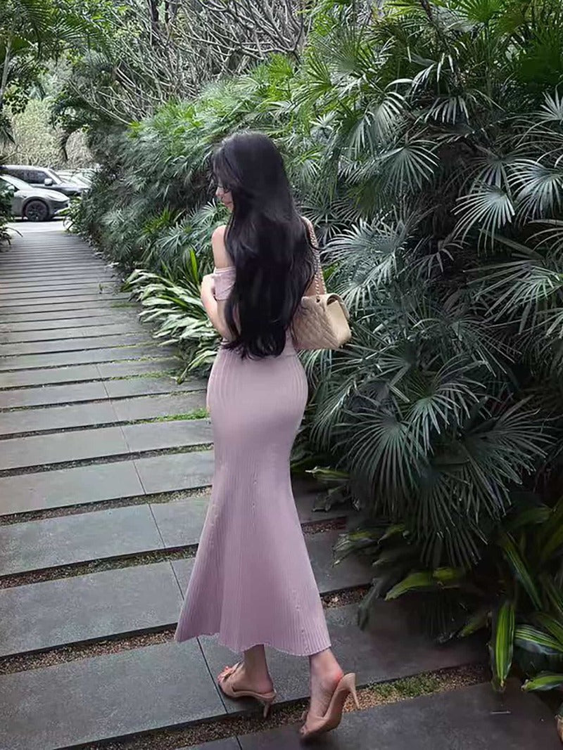 Dusty Pink Off Shoulder Ribbed Knit Mermaid Maxi Dress