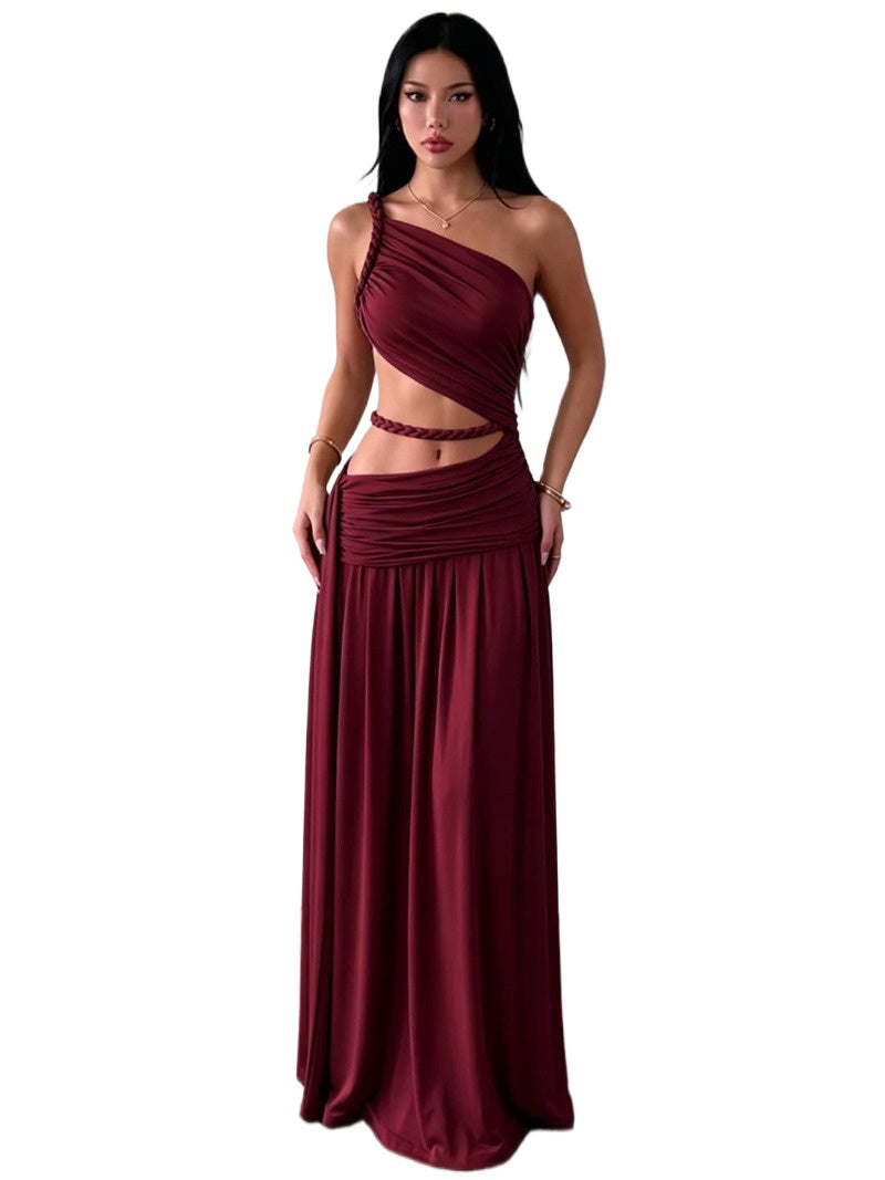 Sultry Ruched One Shoulder Cutout Maxi Dress