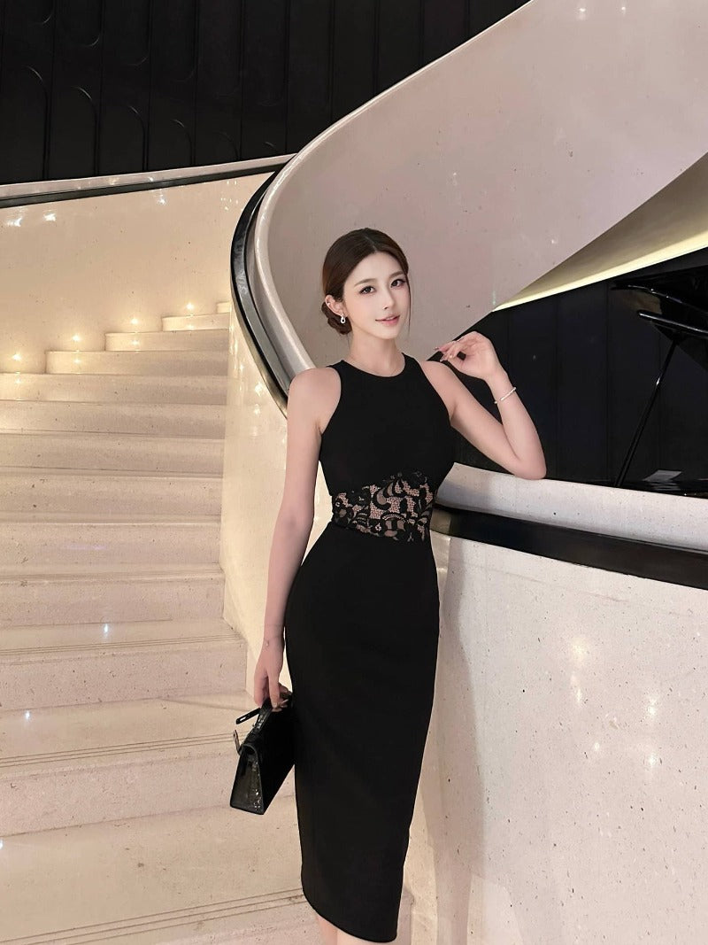 Black Round Neck Lace Waist Sleeveless Bodycon Midi Dress