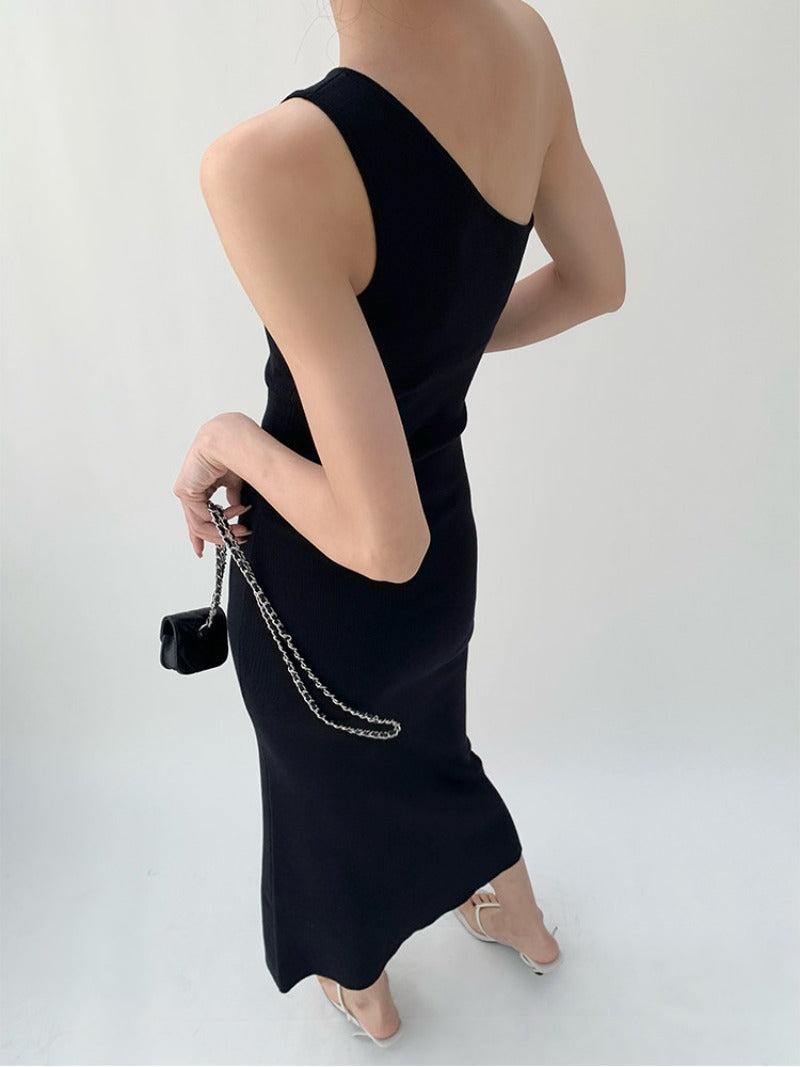 Black Minimalist One Shoulder Asymmetric Sheath Maxi Dress