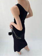 Black Minimalist One Shoulder Asymmetric Sheath Maxi Dress