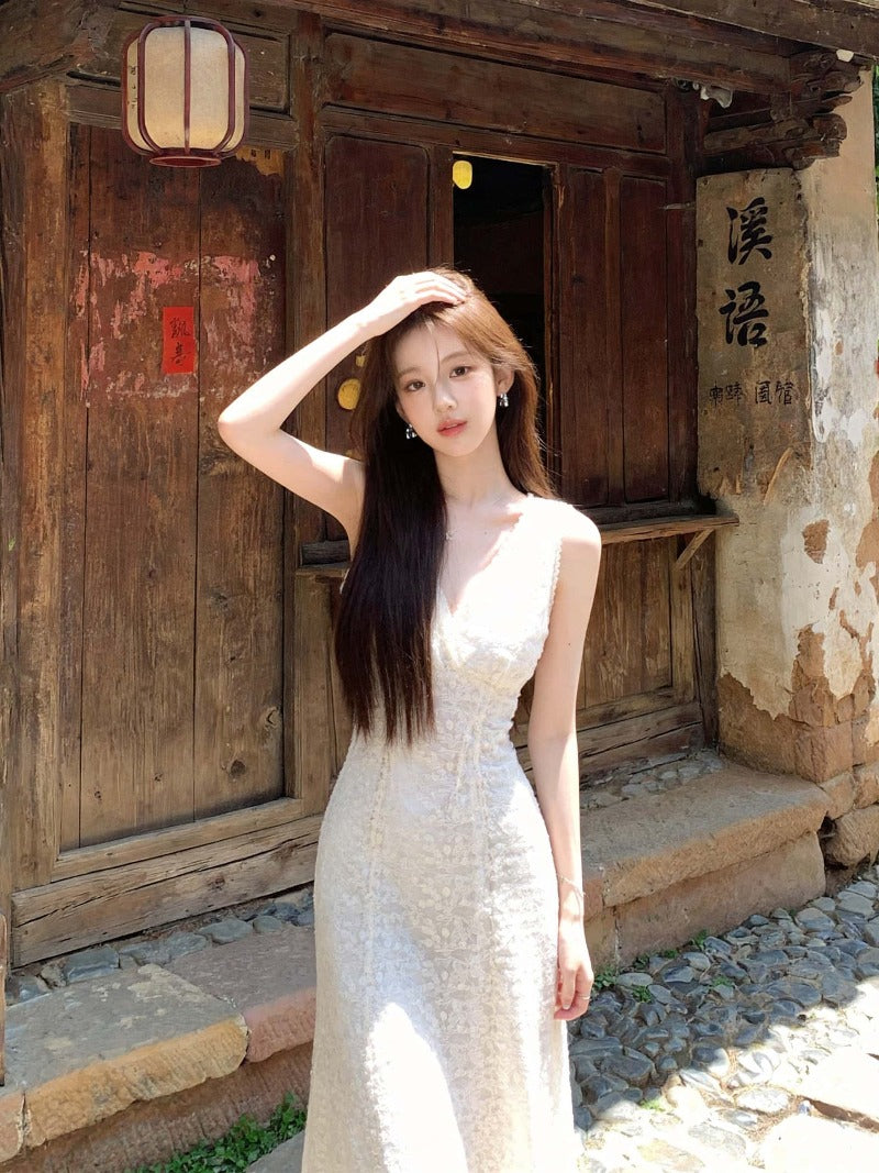 Beige Lace V-Neck Sleeveless Maxi Dress