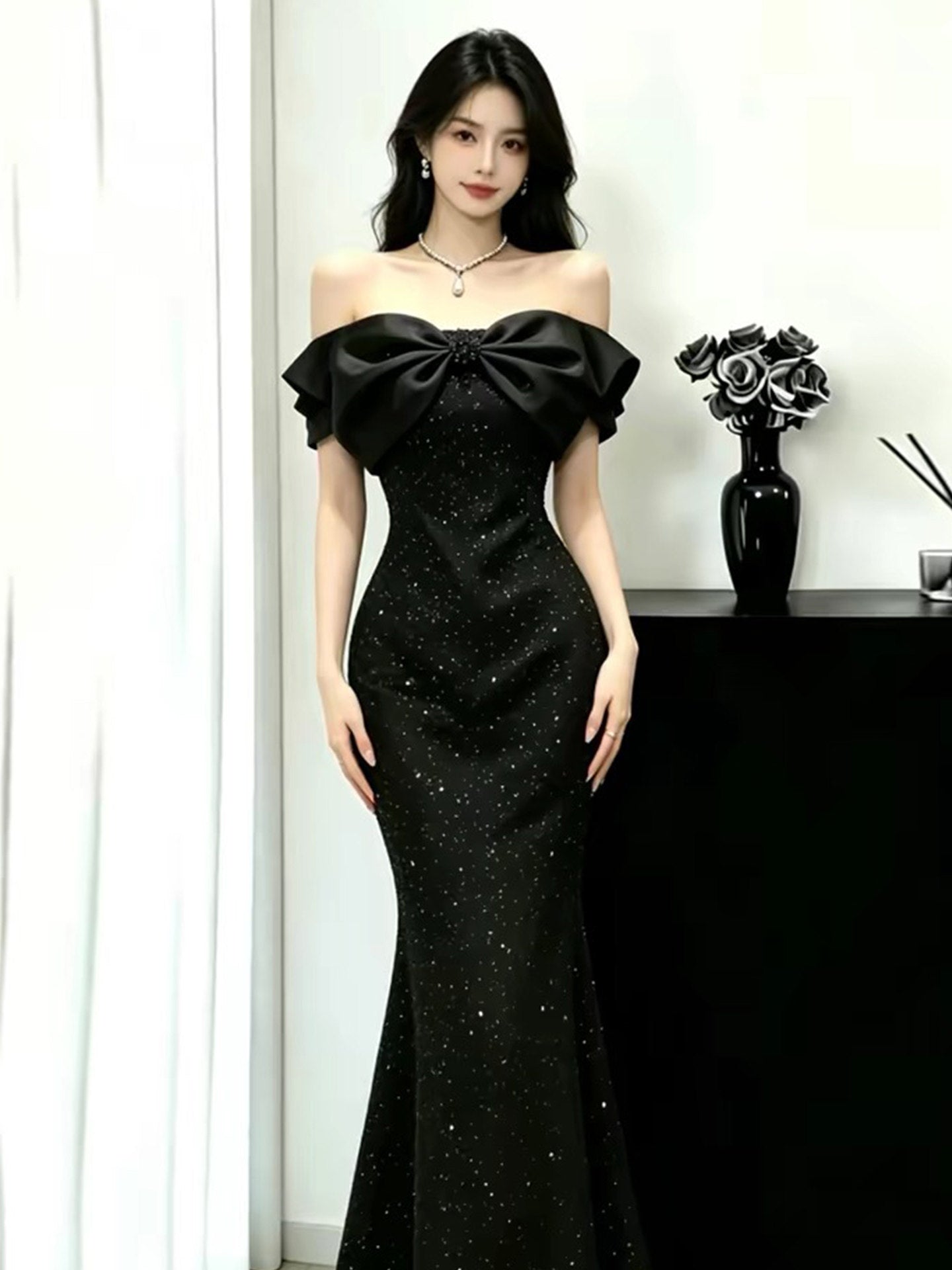 Off-Shoulder Bow Sequin Mermaid Evening Dress