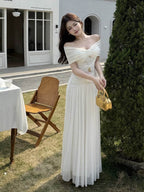 Black/White Off Shoulder Tie Waist A-Line Maxi Dress