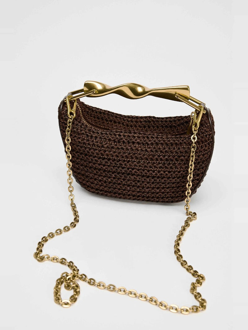 Raffia-Effect Woven Mini Bag with Metal Handle