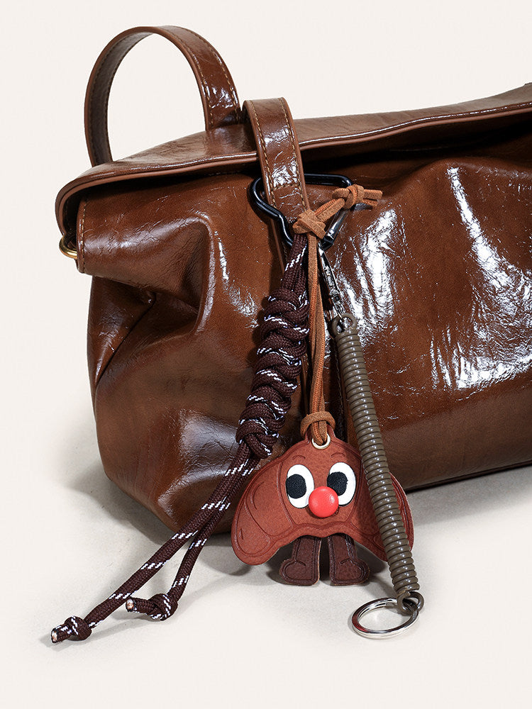 Retro Glossy Leather Shoulder Bag with Charm