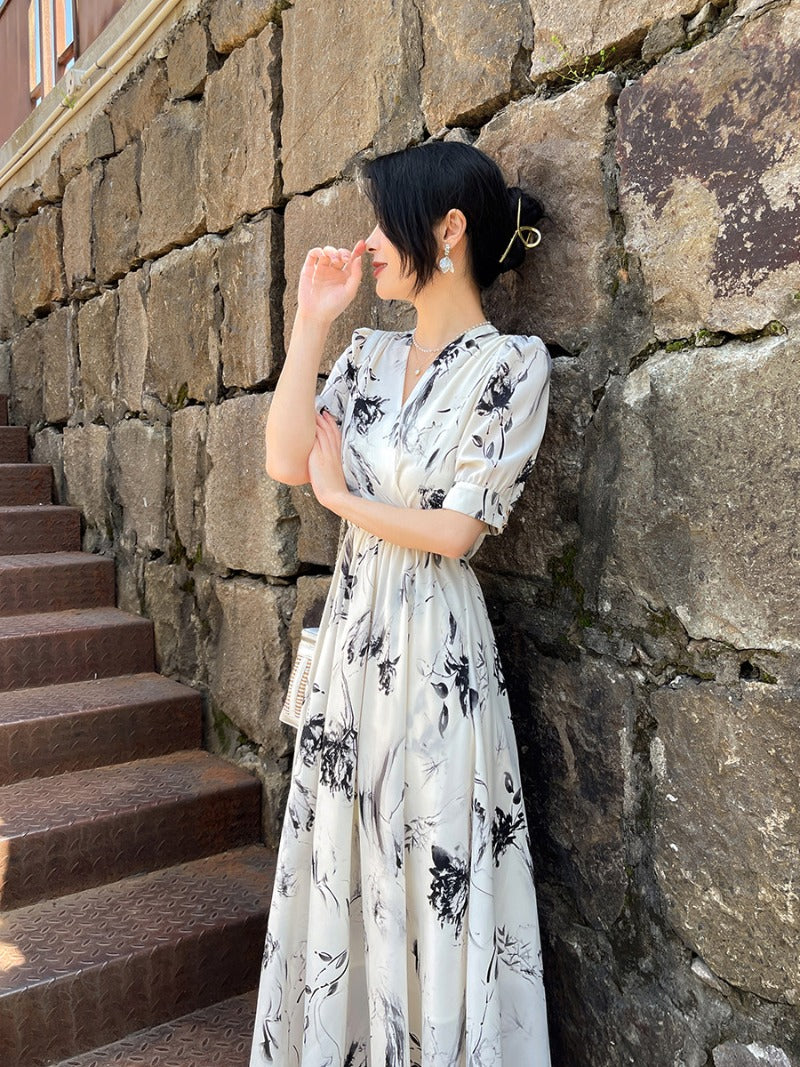 White Floral Print V Neck Belted A-Line Maxi Dress