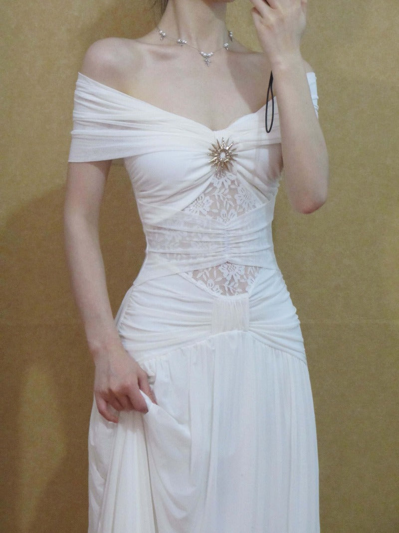 White Off Shoulder Ruched Mesh Panel A-Line Maxi Dress