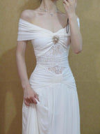 White Off Shoulder Ruched Mesh Panel A-Line Maxi Dress