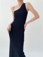 Black Minimalist One Shoulder Asymmetric Sheath Maxi Dress