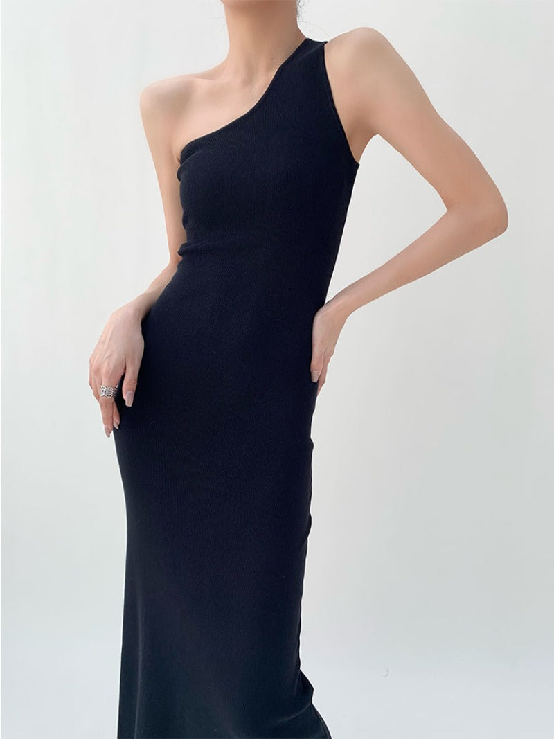 Black Minimalist One Shoulder Asymmetric Sheath Maxi Dress