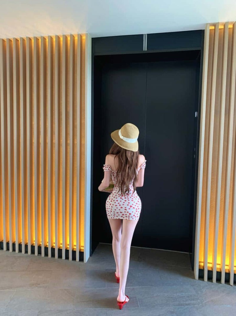 Cream Heart Print Off Shoulder Bodycon Mini Dress