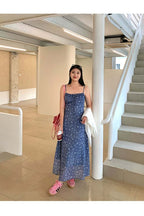 Blue Floral Tie Front Spaghetti Strap Maxi Dress