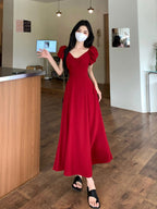 Wine Red V Neck Puff Sleeve Tie Back A-Line Maxi Dress