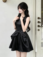 Black Satin Bow Waist Sleeveless A-Line Mini Dress