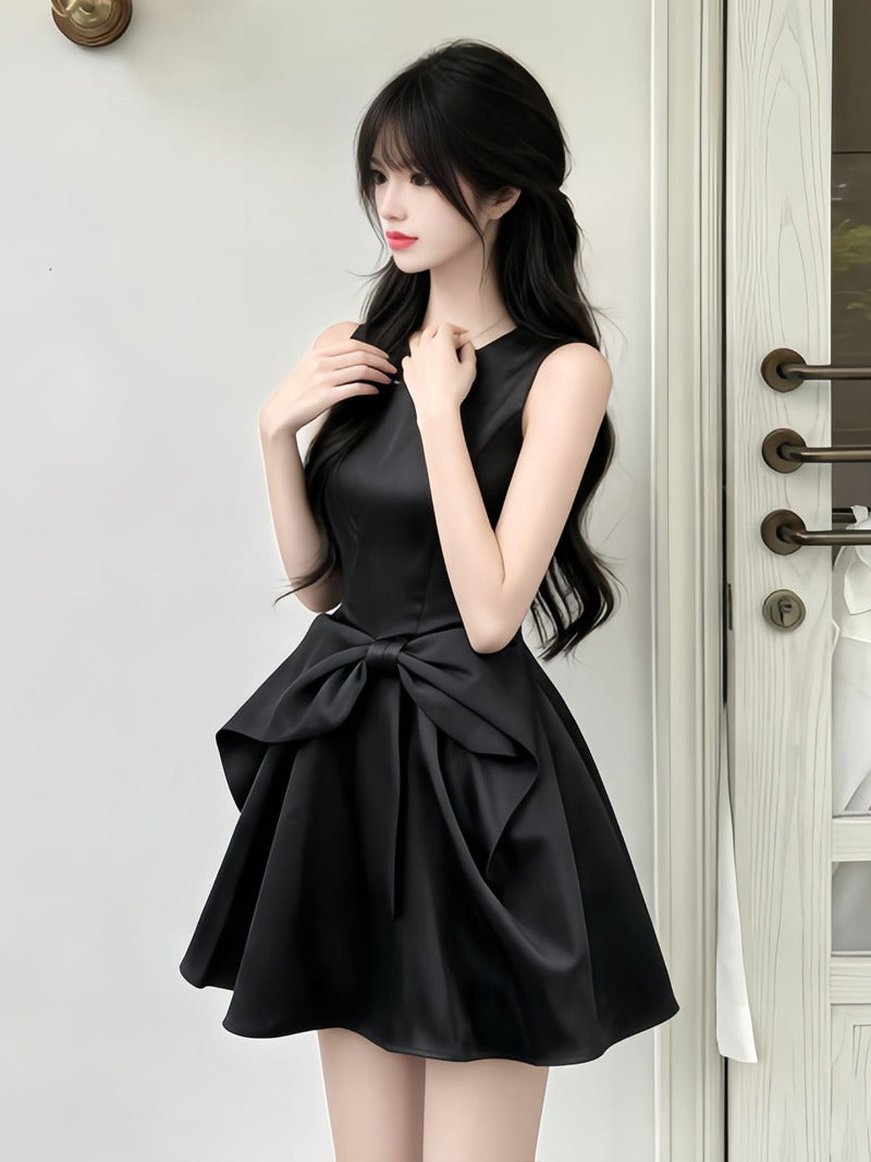 Black Satin Bow Waist Sleeveless A-Line Mini Dress