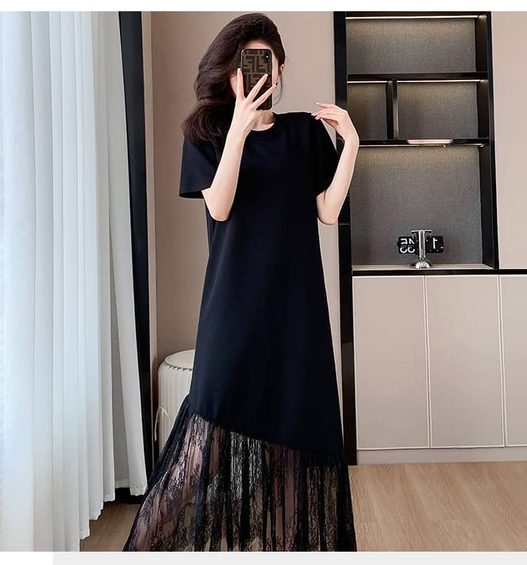 Black Round Neck Short Sleeve Lace Maxi Dress