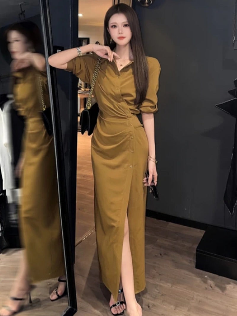 Black/Brown Collared Button Front Slit Shirt Maxi Dress
