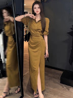 Black/Brown Collared Button Front Slit Shirt Maxi Dress
