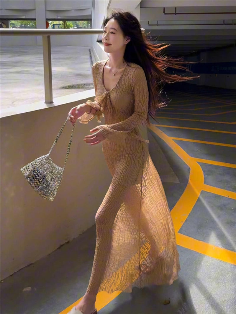 Desert Muse Khaki Mesh V Neck Bell Sleeve Maxi Dress