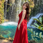 Red Halter Flower Draped A-Line Maxi Dress