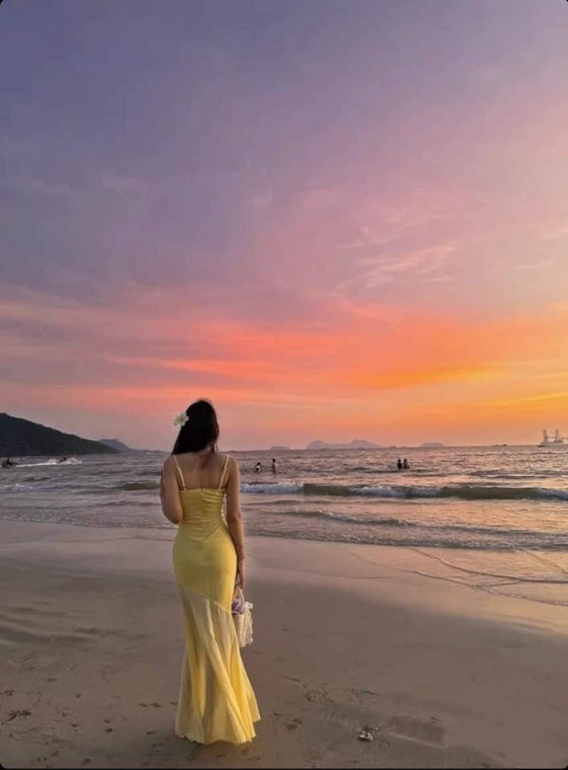 Sunlit Yellow Mesh Panel Mermaid Maxi Dress