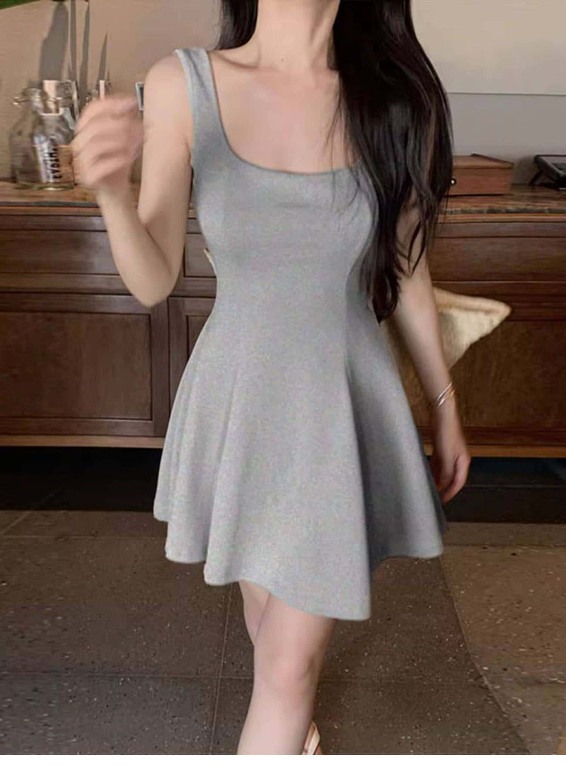 Navy/Green/Grey/Black Square Neck Sleeveless A Line Mini Dress