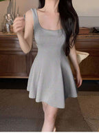Navy/Green/Grey/Black Square Neck Sleeveless A Line Mini Dress