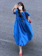 Plus Size Blue Short Sleeve Pocket Shift Maxi Dress