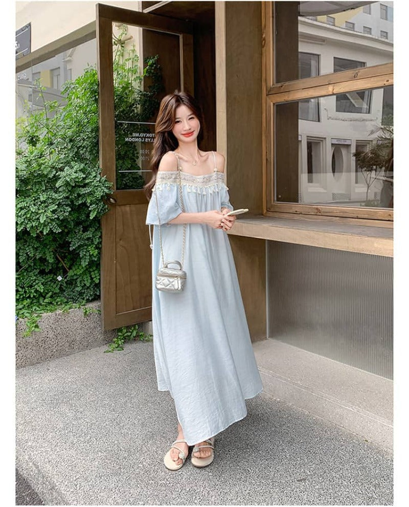 Light Blue Tassel Trim Off-Shoulder Maxi Dress