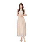 Apricot Lace Round Neck Short Sleeve A-Line Midi Dress
