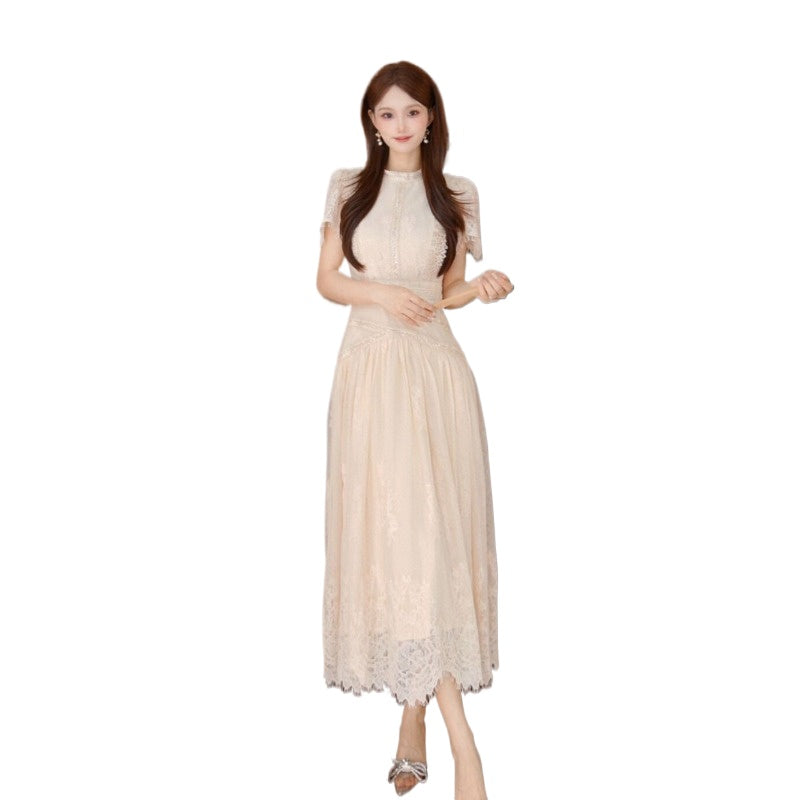 Apricot Lace Round Neck Short Sleeve A-Line Midi Dress