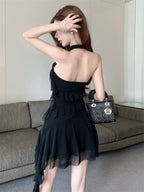 Flirty Black Ruffle Halter High-Low Mini Dress