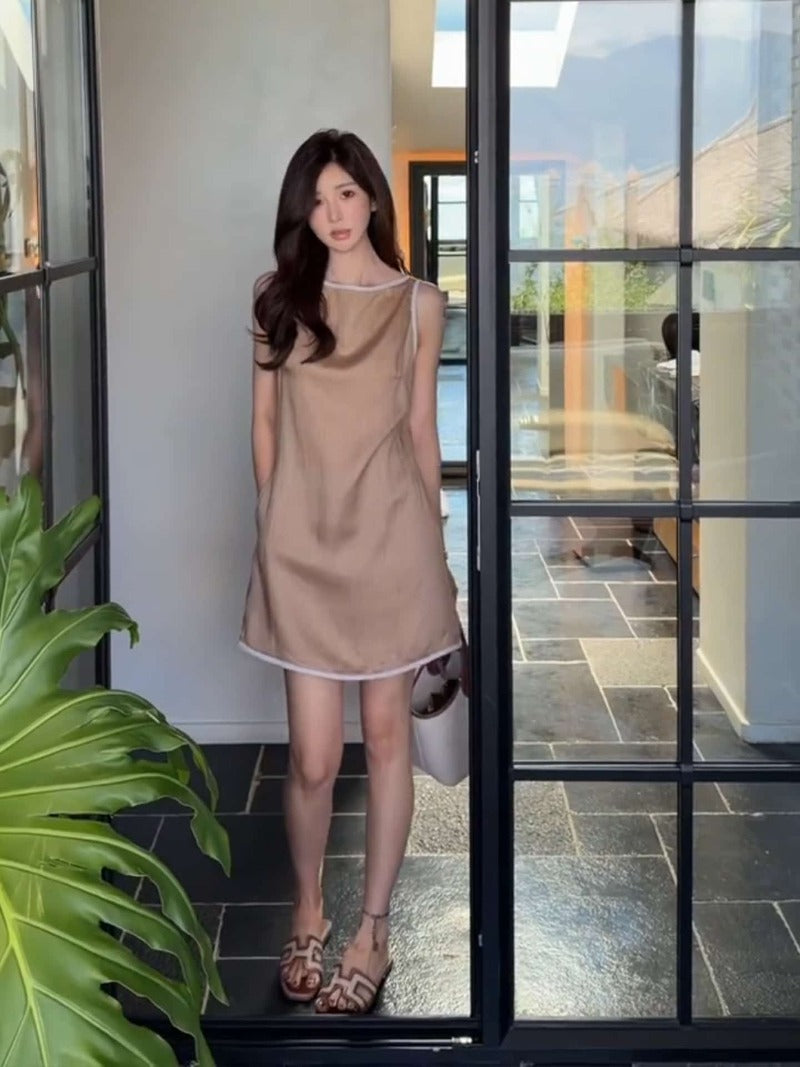 Khaki Sheer Trim Sleeveless Shift Midi Dress