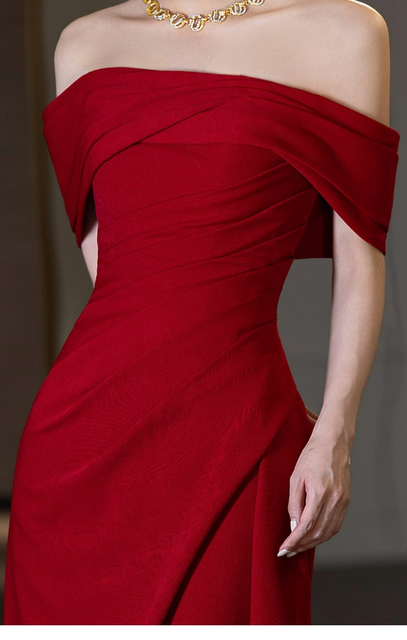 Wine Red Off Shoulder Draped A-Line Maxi Dress