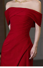 Wine Red Off Shoulder Draped A-Line Maxi Dress